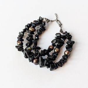 3 Strand Black Pearl And Stone Bracelet